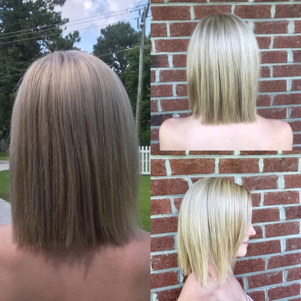 A bright blonde hair color result shown from several angles